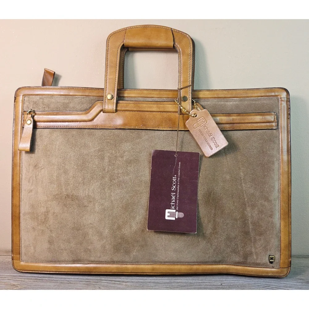 Michael Scott Leather Briefcase Suede Bag Taupe Vintage English Bridle Style 627